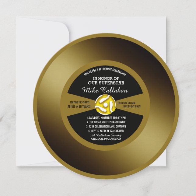 Gold Record Vinyl 45 Retirement Party Invitation (Front)