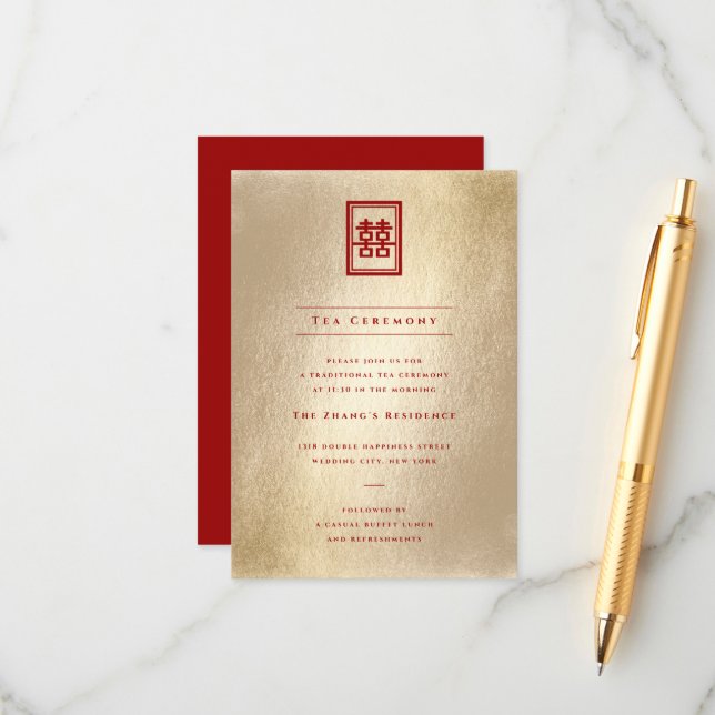 Gold Rectangle Double Happiness Chinese Wedding Enclosure Card (Front/Back In Situ)