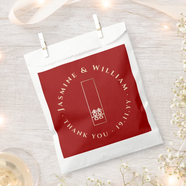 Gold Rectangle Double Happiness Chinese Wedding Favour Bags (Clipped)