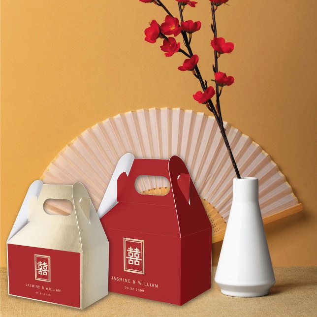 Gold Rectangle Double Happiness Chinese Wedding Favour Box (Gold/Red Classic Rectangle Double Happiness Chinese Wedding Party Favor Boxes @ fatfatin_red_knot)