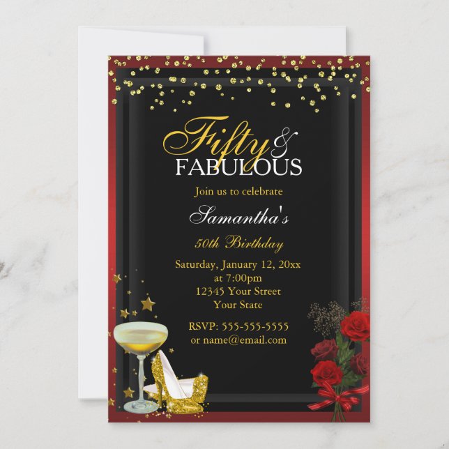 Gold & Red 50 & Fabulous Birthday Invitation (Front)