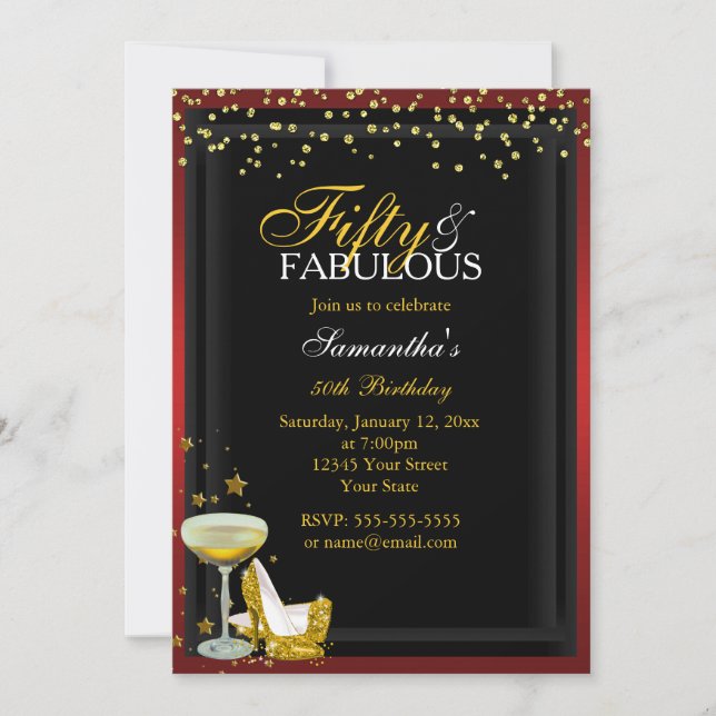 Gold & Red 50 & Fabulous Birthday Invitation (Front)
