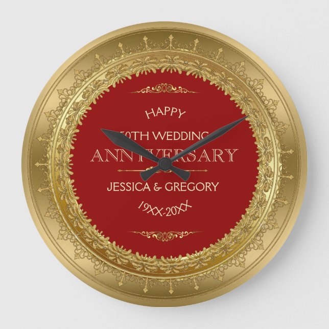 Gold & Red 50 Wedding Anniversary Large Clock (Front)