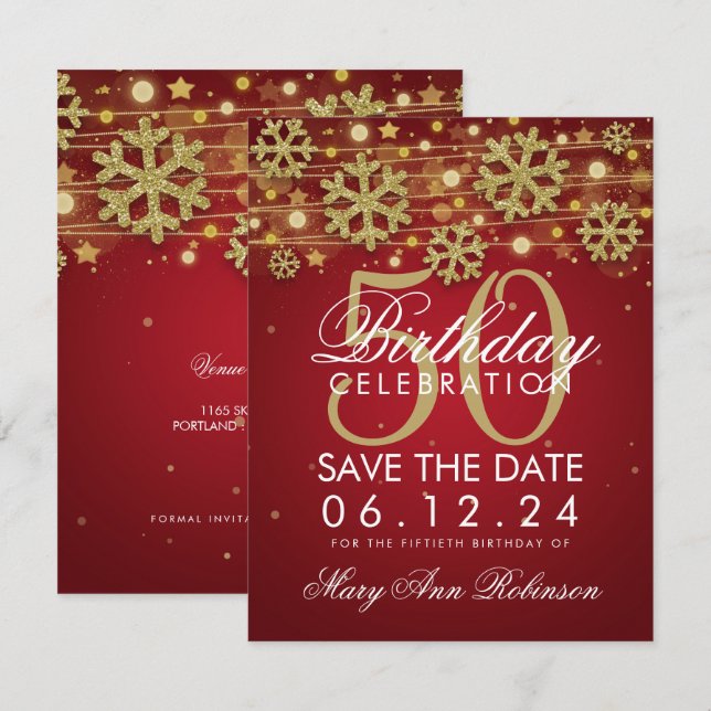 Gold Red 50th Birthday Save Date Winter Invitation (Front/Back)