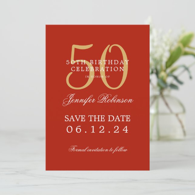 Gold Red 50th Birthday Save the Date Details Invitation (Standing Front)