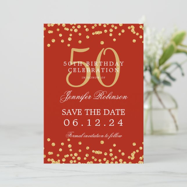 Gold Red 50th Birthday Save the Date Details Invitation (Standing Front)
