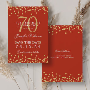 Gold Red 70th Birthday Save Date Confetti Invitation