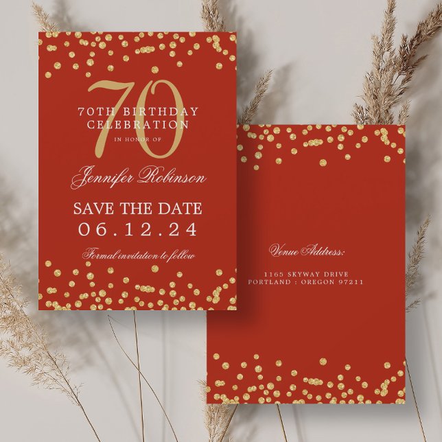 Gold Red 70th Birthday Save Date Confetti Invitation (Gold Red 70th Birthday Save Date Confetti Invitation)