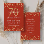 Gold Red 70th Birthday Save the Date Details Invitation<br><div class="desc">Elegant "70th Birthday Party" design with faux glitter confetti & details text. Easy to use and easy to personalise. Order Today!</div>