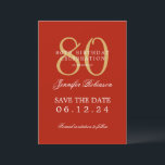Gold Red 80th Birthday Save the Date Details Invitation<br><div class="desc">Elegant "80th Birthday Party" design with a formal typography script,  custom name and details text. Easy to use and easy to personalise. Order Today!</div>
