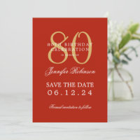 Gold Red 80th Birthday Save the Date Details