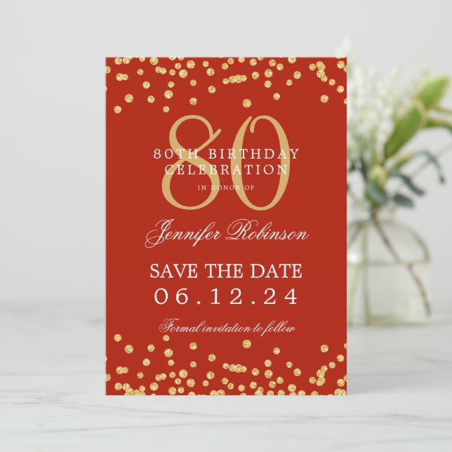 Gold Red 80th Birthday Save the Date Details Invitation (Standing Front)