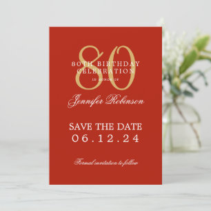 Gold Red 80th Birthday Save the Date  Invitation