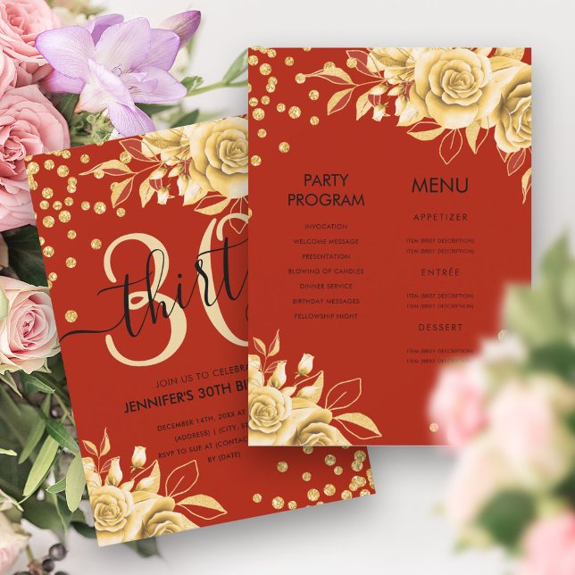 Gold Red All in One Floral Glitter 30th Birthday  Invitation (Gold Red All in One Floral Glitter 30th Birthday Invitation)