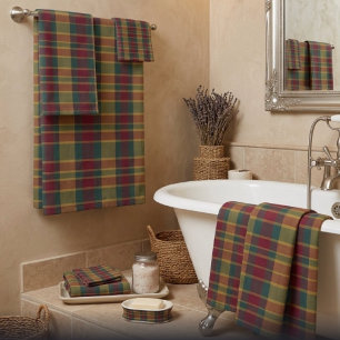 Gold Red And Green Christmas Plaid Print Bath Towel Set