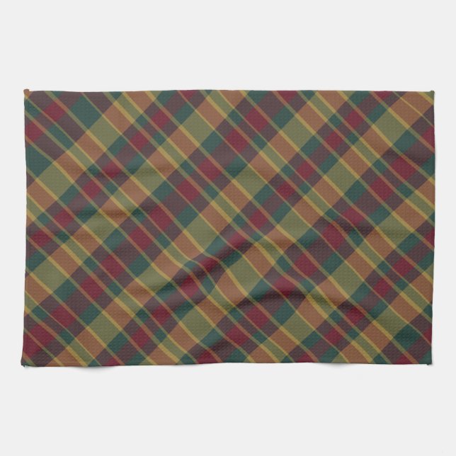 Gold Red And Green Christmas Plaid Print Tea Towel (Horizontal)