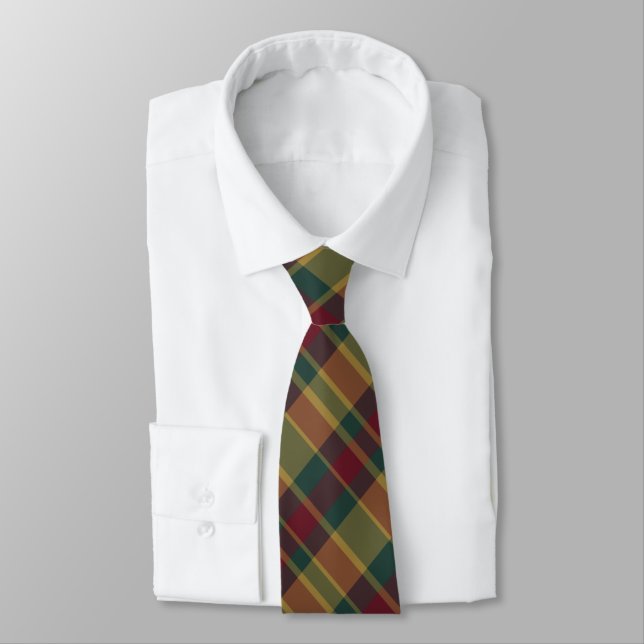 Gold Red And Green Christmas Plaid Print Tie (Tied)
