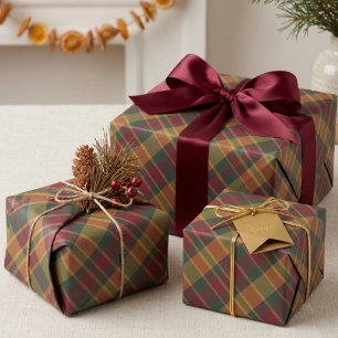 Gold Red And Green Christmas Plaid Print Wrapping Paper Sheet
