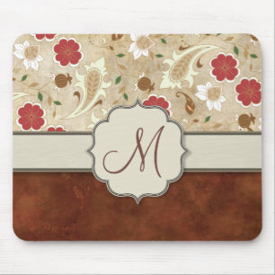 Gold, Red and White Floral on Parchment Monogram Mouse Mat