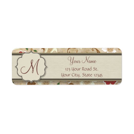 Gold, Red and White Floral on Parchment Monogram Return Address Label