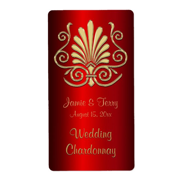 Gold Red Art Deco Damask Party Wine Label 2 (Front)
