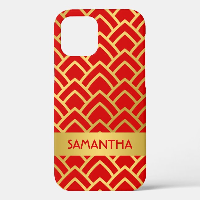 Gold Red Art Deco Geometric Personalised Name Case-Mate iPhone Case (Back)
