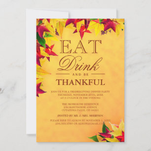 Gold Red Autumn Leaves Thanksgiving Dinner Party Invitation