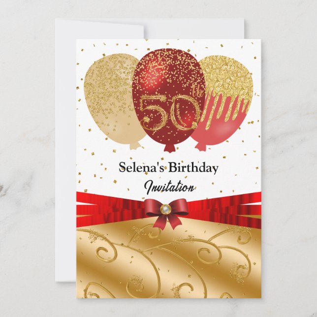 Gold, Red Balloons & Silk Ribbon 50th Birthday Invitation (Front)