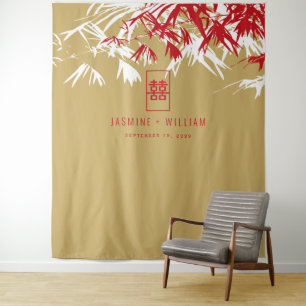 Gold & Red Bamboo Leaves Chinese Wedding Backdrop Tapestry