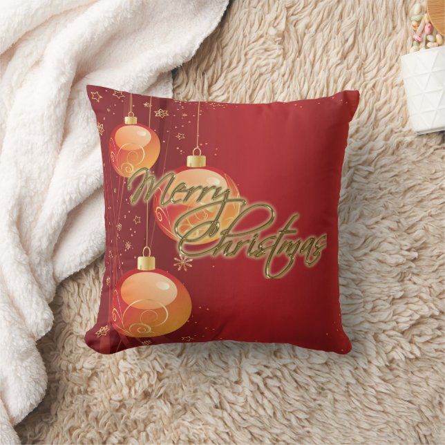 Gold Red Baubles Merry Christmas Pillow (Blanket)