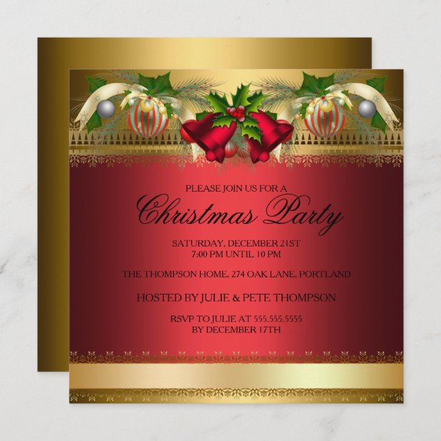 Gold Red bells & Baubles Christmas Party Invite (Front/Back)