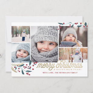 Gold Red Berries 5 Photo Collage   Merry Christmas Holiday Card