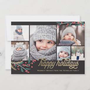 Gold Red Berries 6 Photo Collage   Happy Holidays Holiday Card