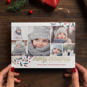 Gold Red Berries 6 Photo Collage   Merry Christmas Holiday Card
