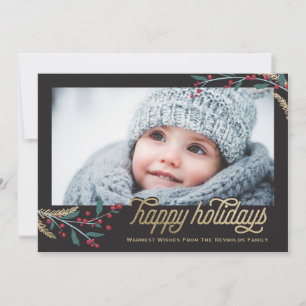 Gold Red Berries Frame   Happy Holidays Holiday Card