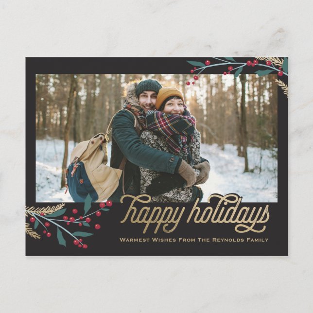 Gold Red Berries Photo Frame | Happy Holidays Postcard (Front)