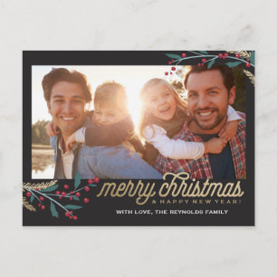 Gold Red Berries Photo Frame   Merry Christmas Postcard