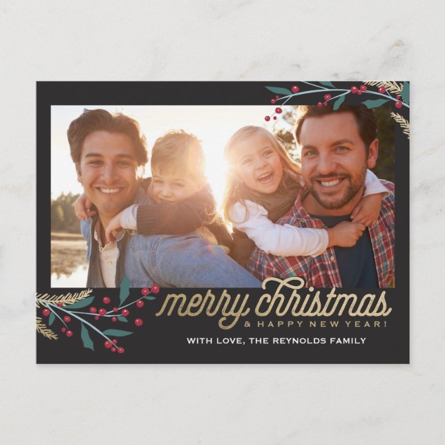 Gold Red Berries Photo Frame | Merry Christmas Postcard (Front)