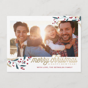 Gold Red Berries Photo Frame   Merry Christmas Postcard