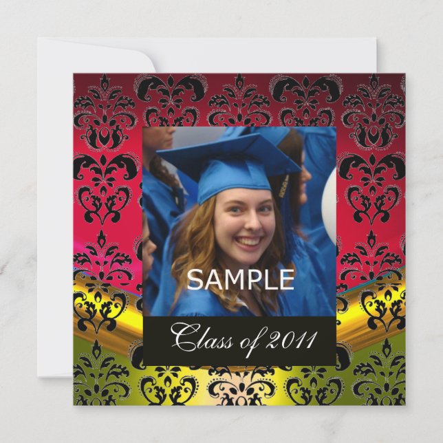 GOLD,RED,BLACK DAMASK GRADUATION MONOGRAM ANNOUNCEMENT (Front)