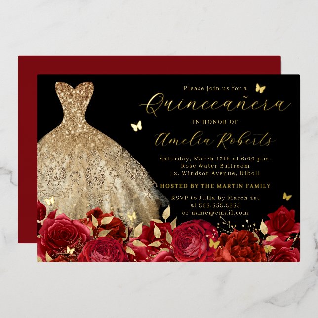 Gold Red Black Dress Butterfly Elegant Floral (Front/Back)