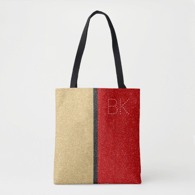 Gold Red Black Glitter Chic Monogram Personalised Tote Bag (Front)