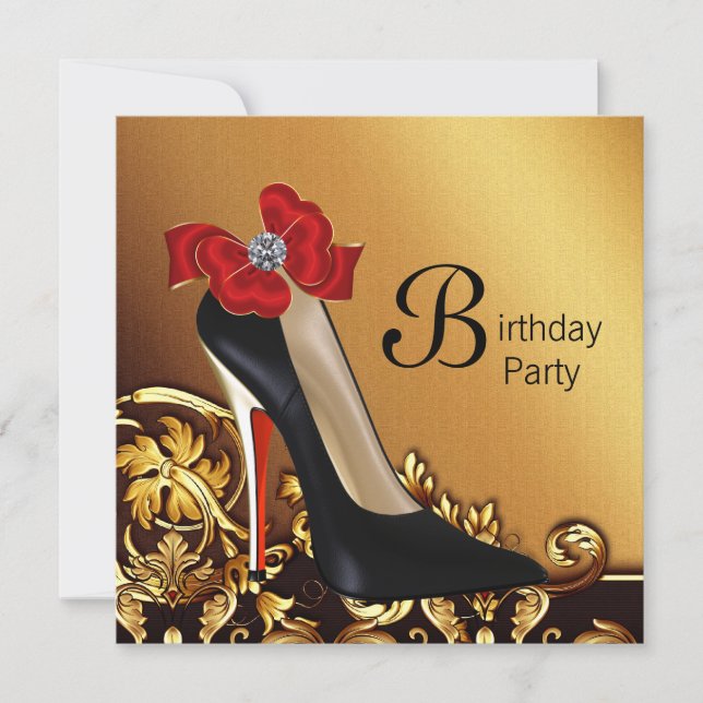 Gold Red Black High Heel Shoe Birthday Party Invitation (Front)