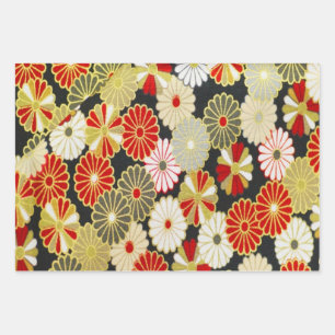 Gold Red Black Japanese Kimono Floral Decoupage Wrapping Paper Sheet