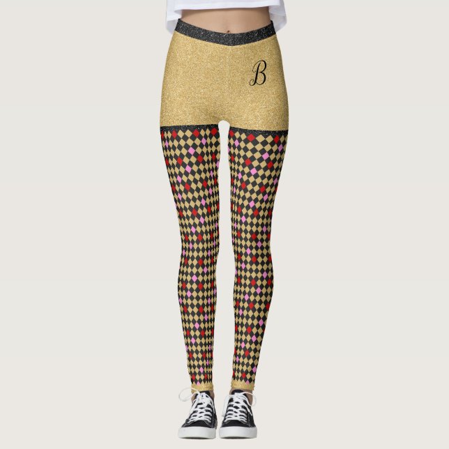 Gold Red Black Pink Glitter Chequered Girly Chic Leggings (Front)
