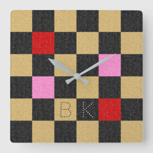 Gold Red Black Pink Glitter Chequered Unique Chic Square Wall Clock