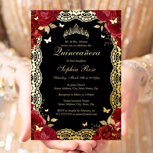 Gold Red Black Rose Lace Quinceanera Birthday  (Creator Uploaded)
