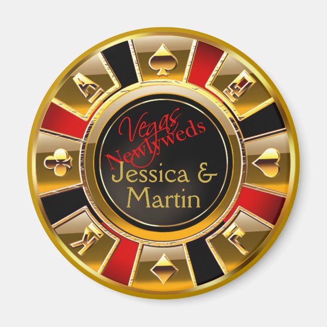 Gold, Red & Black Vegas Casino Chip Favour Magnet (Front)