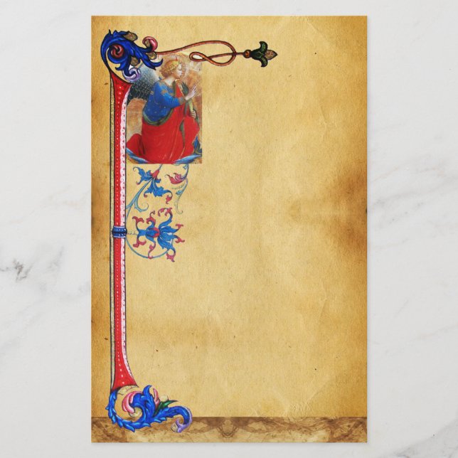 GOLD RED BLUE CHRISTMAS ANGEL FLORAL PARCHMENT STATIONERY (Front)