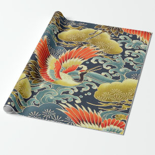Gold Red Blue Japanese Kimono Floral Decoupage  Wrapping Paper